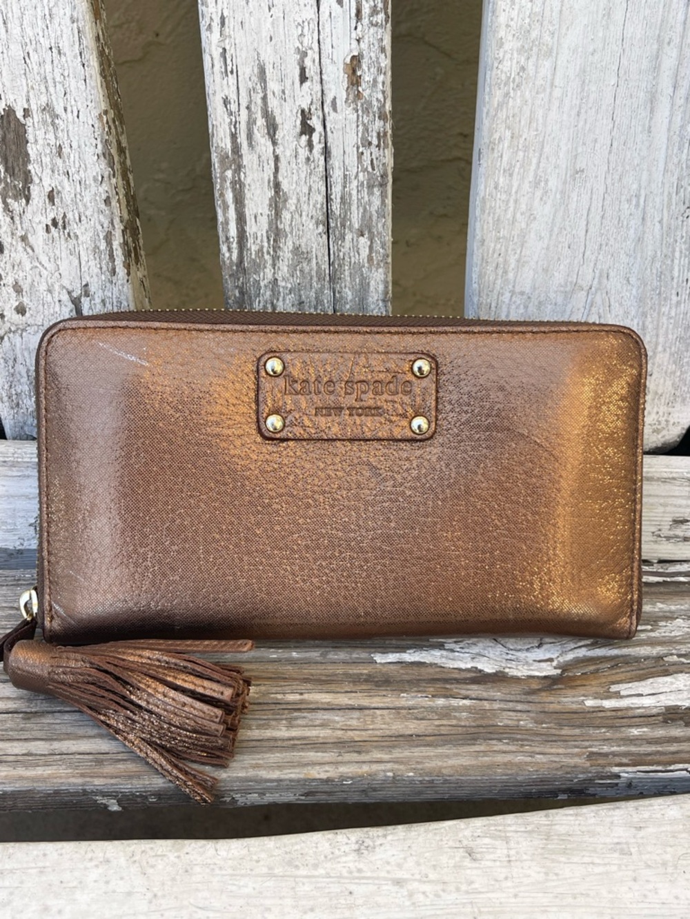 Kate Spade Metallic Bronze Zip Around Wallet Neda Wellesley 12 Card Tassel